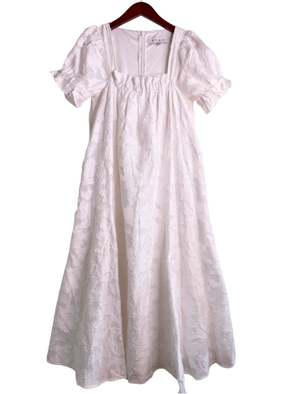 BURU Puff Sleeve Lace Overlay Midi Dress Size XS in White